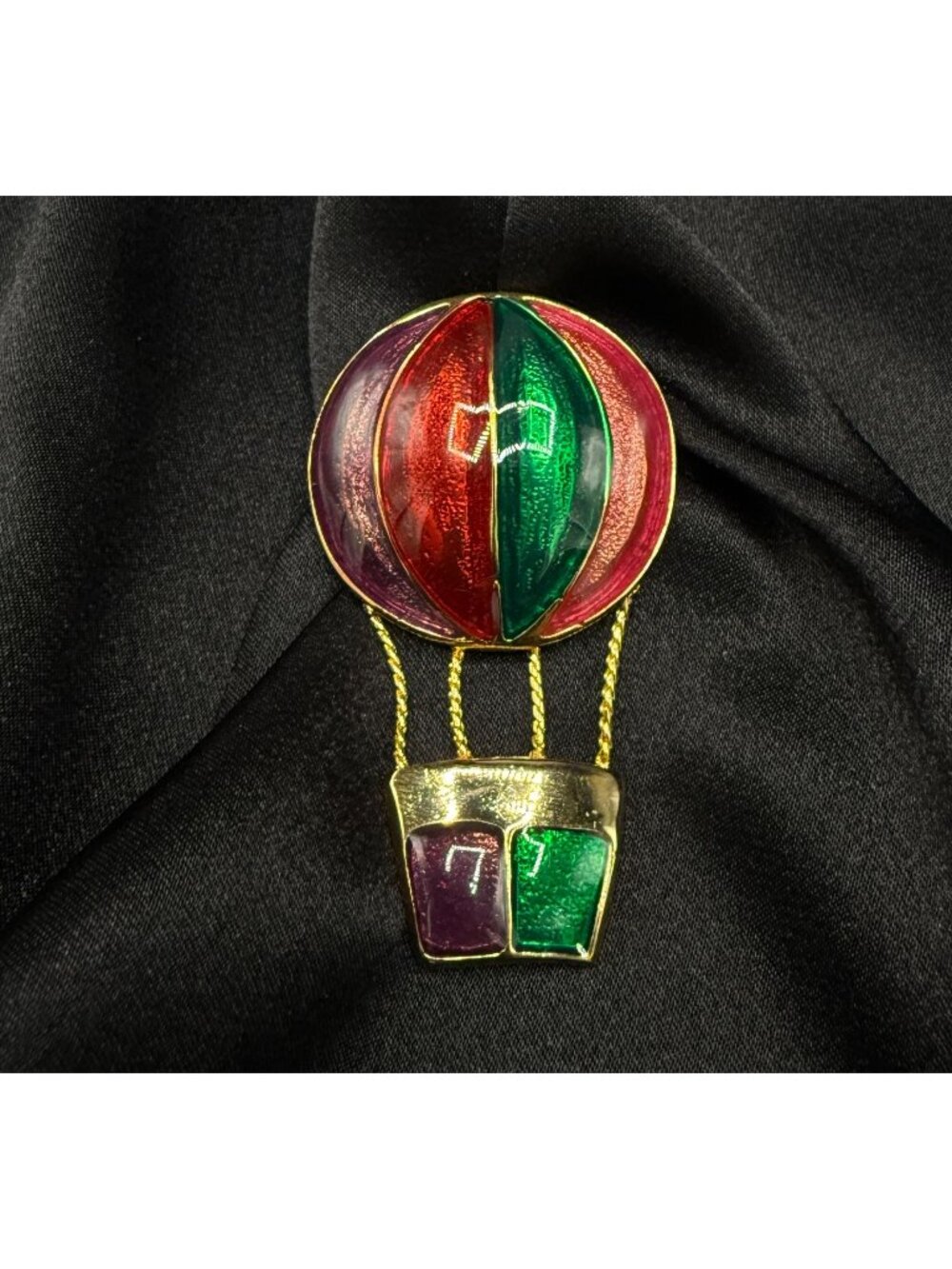 Vintage 1980s-1990s Hot Air Balloon Brooch With Gold & Multicolor Enamel Design